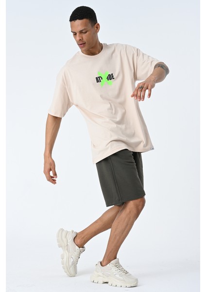 Bej Bisiklet Yaka Ön Arka Baskılı Oversize Kalıp Unisex T-Shirt modelleri