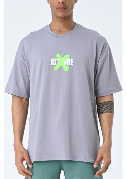 Gri Bisiklet Yaka Ön Arka Baskılı Oversize Kalıp Unisex T-Shirt