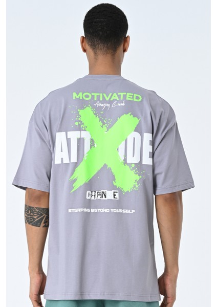 Gri Bisiklet Yaka Ön Arka Baskılı Oversize Kalıp Unisex T-Shirt fiyatları