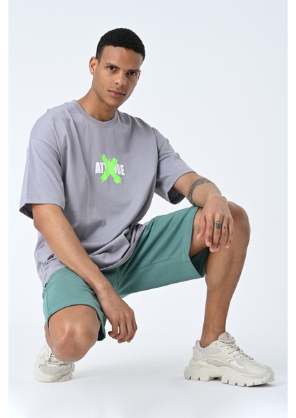Gri Bisiklet Yaka Ön Arka Baskılı Oversize Kalıp Unisex T-Shirt modelleri
