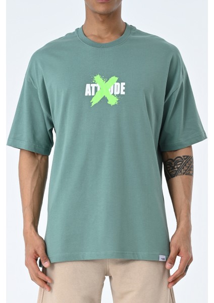 Su Yeşili Bisiklet Yaka Ön Arka Baskılı Oversize Kalıp Unisex T-Shirt