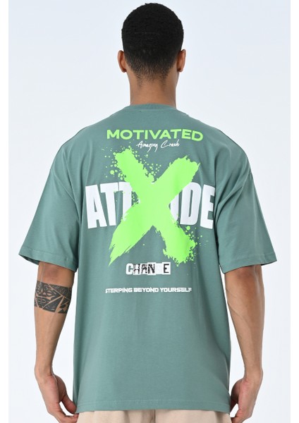 Su Yeşili Bisiklet Yaka Ön Arka Baskılı Oversize Kalıp Unisex T-Shirt