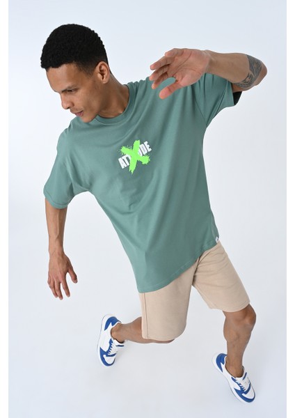 Su Yeşili Bisiklet Yaka Ön Arka Baskılı Oversize Kalıp Unisex T-Shirt