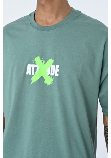 Su Yeşili Bisiklet Yaka Ön Arka Baskılı Oversize Kalıp Unisex T-Shirt