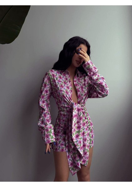 Kadın Desenli Bağlamalı Pembe Mini Saten Elbise indirimleri