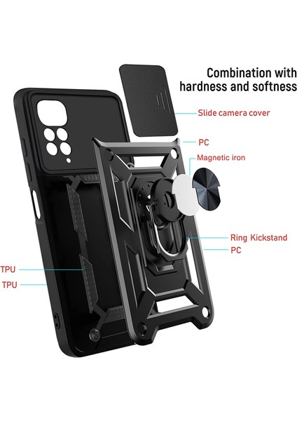Xiaomi Redmi Note 12 Pro 4g Uyumlu Kılıf Kamera Korumalı Sürgülü Yüzüklü Armor Military Tank