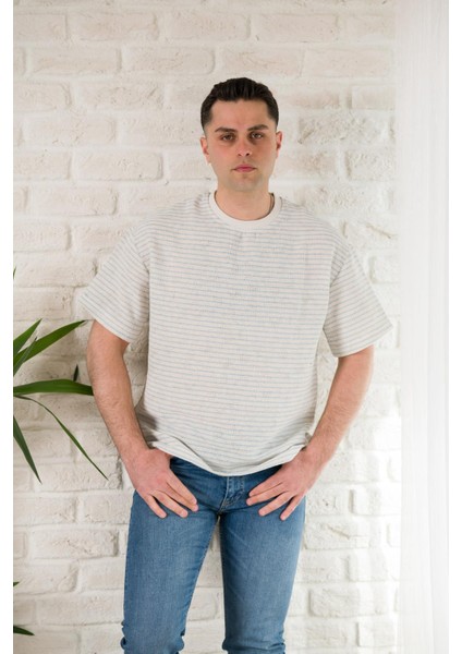 Oversize Çizgili Bisiklet Yaka Keten Yazlık T-Shirt