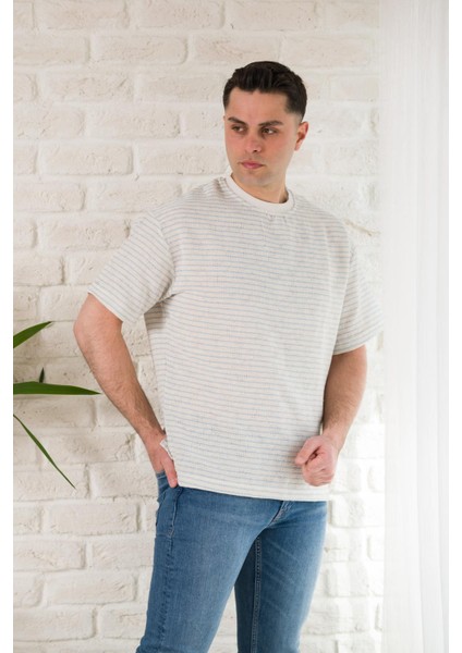 Oversize Çizgili Bisiklet Yaka Keten Yazlık T-Shirt fiyatları