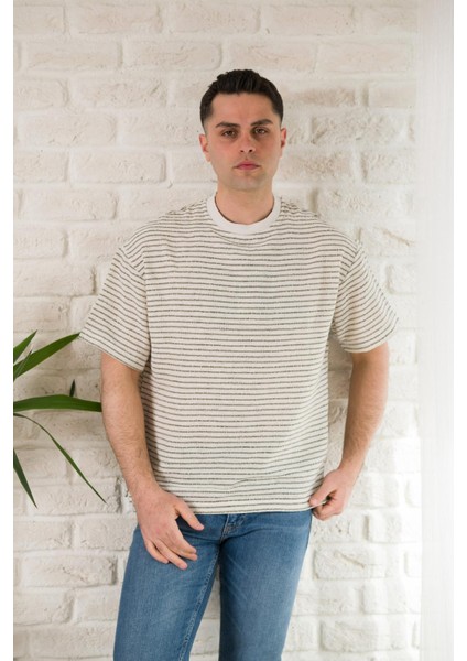 Oversize Çizgili Bisiklet Yaka Keten Yazlık T-Shirt