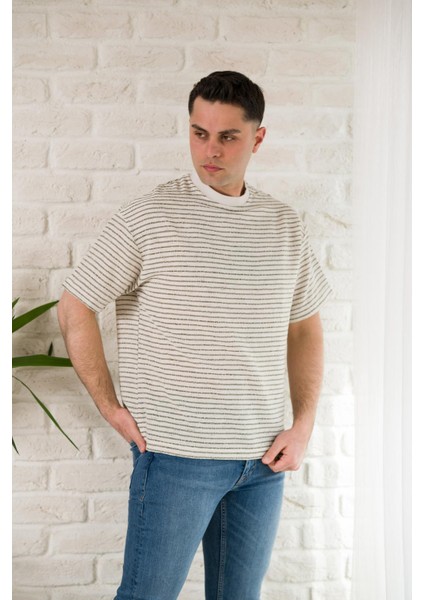 Oversize Çizgili Bisiklet Yaka Keten Yazlık T-Shirt fiyatları