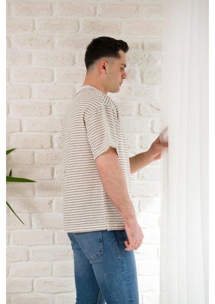 Oversize Çizgili Bisiklet Yaka Keten Yazlık T-Shirt modelleri