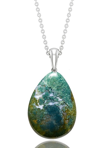 Sertifikalı Damla Kesim Hint Yosun Akik Taşı Kolye