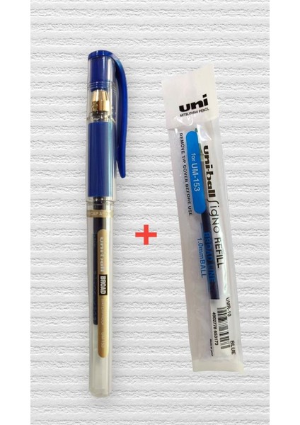 UM-153 Signo Broad Roller Kalem Mavi 1.0 mm Davetiye Kalemi + Yedek Uç /imza Kalemi / Jel Kalem / Mavi Yazan Davetiye Anı Defteri KALEMI-T451
