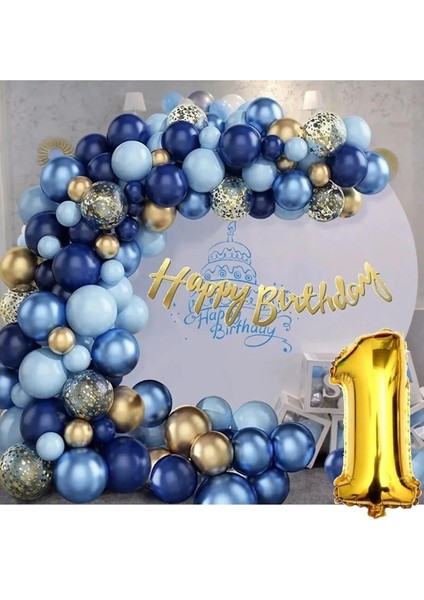 Lacivert Balonlar Garland Kiti Altın Konfeti 1 Yaş
