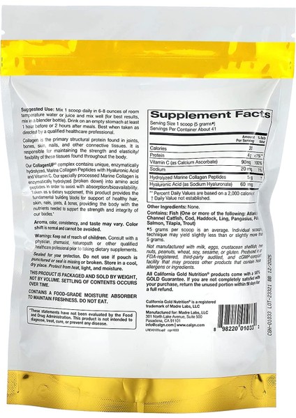 California Gold Nutrition, Collagenup, Hydrolyzed Marine Collagen Peptides With Hyaluronic Acid And Vitamin C, Unflavored, 7.26 Oz 206 G fiyatları