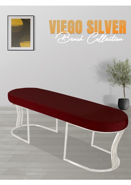 Viego Silver Smooth Bench Lüks Metal Gümüş Ayak, Chester Model Yatak Ucu Bordo Puf