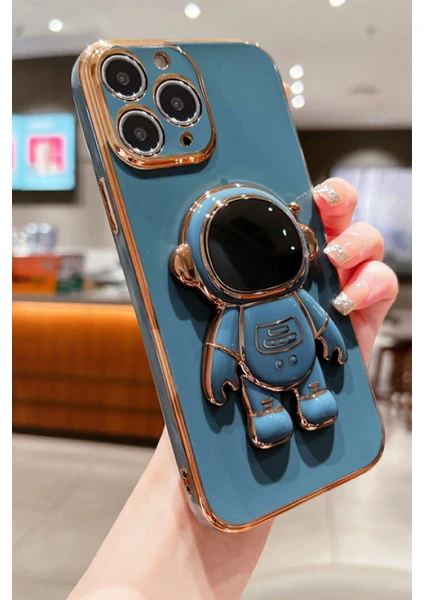 Deilmi Robot Parlak Gök Mavisi IOS 12 Pro Max Uyumlu Özel Tasarım Kamera Korumalı Yumuşak Silikon Stand Luxury Robot Kapak Kılıf