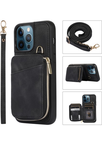 Xstepcase Apple iPhone 13 Pro 6.1 Inç Kart Torbası Tasarım Kickstand Cover Pu Deri Kaplamalı Tpu Telefon Kılıfı El ve Omuz Kayışı (Yurt Dışından)
