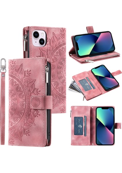 Xstepcase Apple iPhone 13 Mini 5.4 Inç Pu Deri Mandala Çiçek Baskılı Cüzdan Kılıfı Çoklu Kart Yuvası Manyetik Kapatma Zipper Cep Stand Kapağı Kayış (Yurt Dışından)