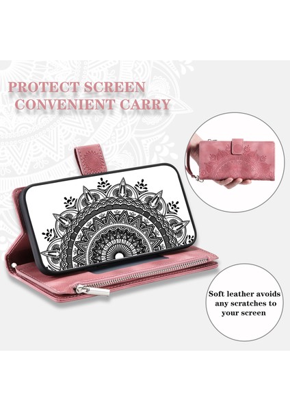 Xstepcase Apple iPhone 13 Mini 5.4 Inç Pu Deri Mandala Çiçek Baskılı Cüzdan Kılıfı Çoklu Kart Yuvası Manyetik Kapatma Zipper Cep Stand Kapağı Kayış (Yurt Dışından)