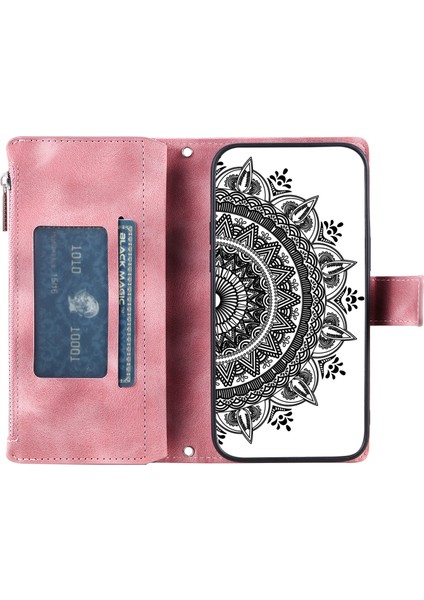 Xstepcase Apple iPhone 13 Mini 5.4 Inç Pu Deri Mandala Çiçek Baskılı Cüzdan Kılıfı Çoklu Kart Yuvası Manyetik Kapatma Zipper Cep Stand Kapağı Kayış (Yurt Dışından)