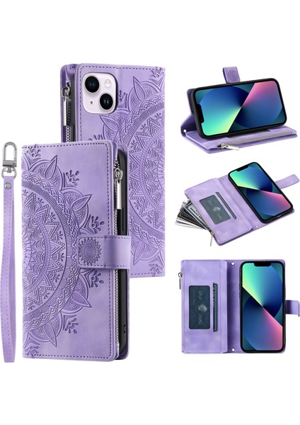 Xstepcase Apple iPhone 13 Mini 5.4 Inç Pu Deri Mandala Çiçek Baskılı Cüzdan Kılıfı Çoklu Kart Yuvası Manyetik Kapatma Zipper Cep Stand Kapağı Kayış (Yurt Dışından)