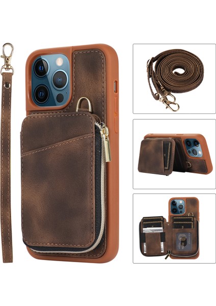 Xstepcase Apple iPhone 13 Pro 6.1 Inç Kart Torbası Tasarım Kickstand Cover Pu Deri Kaplamalı Tpu Telefon Kılıfı El ve Omuz Kayışı (Yurt Dışından)