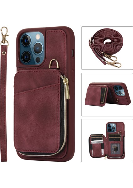 Xstepcase Apple iPhone 13 Pro 6.1 Inç Kart Torbası Tasarım Kickstand Cover Pu Deri Kaplamalı Tpu Telefon Kılıfı El ve Omuz Kayışı (Yurt Dışından)