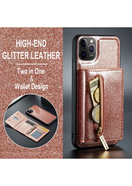 Xstepcase Apple iPhone 11 Pro Max Için 6.5 Inç Şok Geçirmez 2'si 1 Arada Parıltılı Manyetik Çıkarılabilir Fermuar Cep Kapağı Kickstand Pu Deri Kaplamalı Pc+Tpu Koruyucu Telefon Kasası (Yurt Dışından)