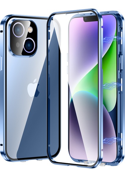 Xstepcase Apple iPhone 13 Için 6,1 Inç Manyetik Çift Side Temsil Edilmiş Cam Telefon Kılıfı Düz ​​kenar Metal Çerçeve Tam Koruma Kapağı Güvenlik Tokası (Yurt Dışından)