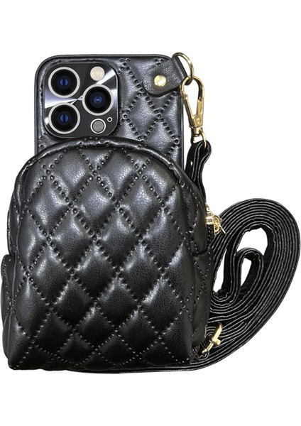 Xstepcase Apple iPhone 13 Pro 6.1 Inç Için Basılı Eşkenar Dörtgen Desen Pu Deri Kaplı Pc Telefon Kasası Crossbody Strap Fermuer Kapak Kart Tutucusu (Yurt Dışından)
