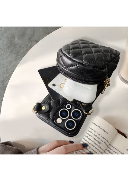 Xstepcase Apple iPhone 13 Pro 6.1 Inç Için Basılı Eşkenar Dörtgen Desen Pu Deri Kaplı Pc Telefon Kasası Crossbody Strap Fermuer Kapak Kart Tutucusu (Yurt Dışından)