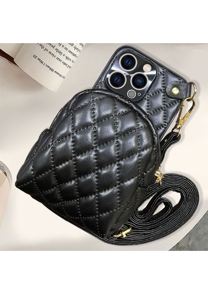 Xstepcase Apple iPhone 13 Pro 6.1 Inç Için Basılı Eşkenar Dörtgen Desen Pu Deri Kaplı Pc Telefon Kasası Crossbody Strap Fermuer Kapak Kart Tutucusu (Yurt Dışından)