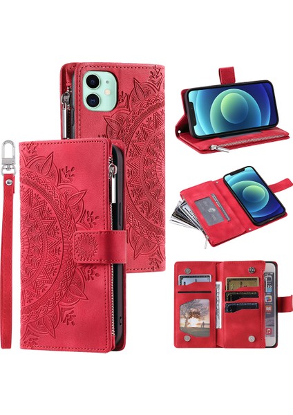 Xstepcase Apple iPhone 12 Için Mini 5.4 Inç Telefon Stand Kapağı Çoklu Kart Yuvası Pu Deri Cüzdan Fermuar Cep Mandala Çiçeği Baskılı Telefon Kılıfı (Yurt Dışından)