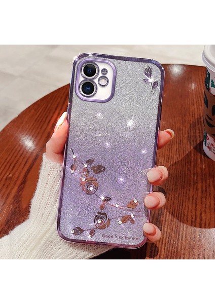 Xstepcase Gradyan Glitter Powder Tpu Apple iPhone 12 6.1 Inç, Rhinestone Dekor Çiçek Desen Anti-Drop Koruyucu Kılıf (Yurt Dışından)