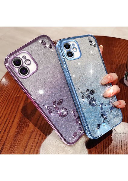 Xstepcase Gradyan Glitter Powder Tpu Apple iPhone 12 6.1 Inç, Rhinestone Dekor Çiçek Desen Anti-Drop Koruyucu Kılıf (Yurt Dışından)