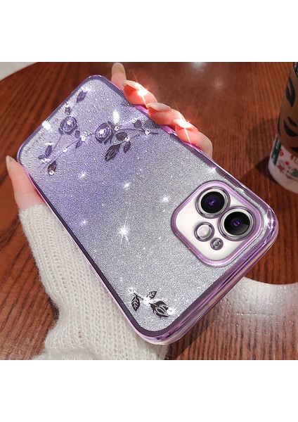 Xstepcase Gradyan Glitter Powder Tpu Apple iPhone 12 6.1 Inç, Rhinestone Dekor Çiçek Desen Anti-Drop Koruyucu Kılıf (Yurt Dışından)