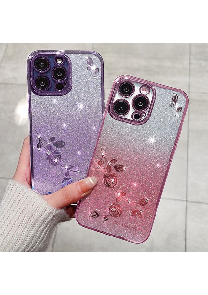 Xstepcase Apple iPhone 12 Pro 6.1 Inç Için Gradyan Parıltılı Toz Koruyucu Kapak, Çiçek Desen Rhinestone Dekor Yumuşak Tpu Anti-Damla Çanta (Yurt Dışından)