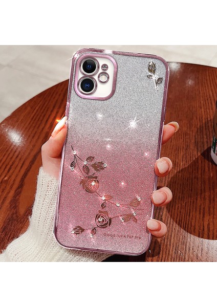 Xstepcase Gradyan Glitter Powder Tpu Apple iPhone 12 6.1 Inç, Rhinestone Dekor Çiçek Desen Anti-Drop Koruyucu Kılıf (Yurt Dışından)