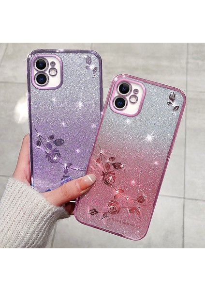 Xstepcase Gradyan Glitter Powder Tpu Apple iPhone 12 6.1 Inç, Rhinestone Dekor Çiçek Desen Anti-Drop Koruyucu Kılıf (Yurt Dışından)