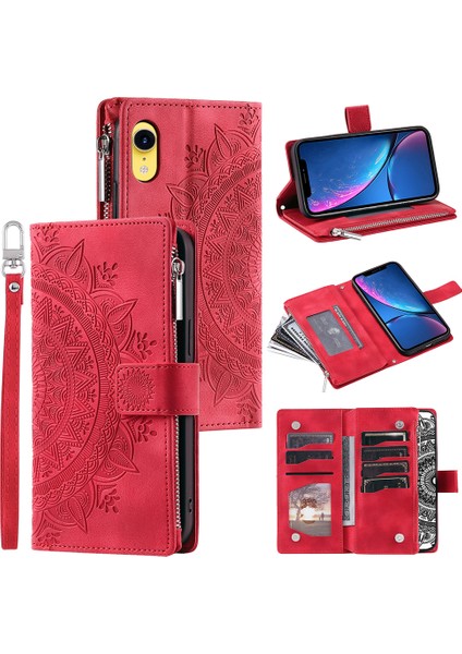 Xstepcase Apple iPhone Xr Için 6.1 Inç Mandala Çiçek Baskılı Pu Deri Kılıf Manyetik Çanta Fermuar Cep Stand Stand Cüzdan Çok Kart Yuvaları Telefon Kapağı Kayışla (Yurt Dışından)