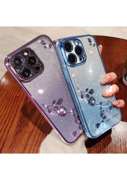 Xstepcase Apple iPhone 12 Pro 6.1 Inç Için Gradyan Parıltılı Toz Koruyucu Kapak, Çiçek Desen Rhinestone Dekor Yumuşak Tpu Anti-Damla Çanta (Yurt Dışından)