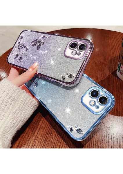 Xstepcase Gradyan Glitter Powder Tpu Apple iPhone 12 6.1 Inç, Rhinestone Dekor Çiçek Desen Anti-Drop Koruyucu Kılıf (Yurt Dışından)