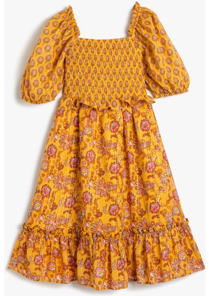 Elbise Çiçekli Balon Kollu Pamuklu Kare Yaka Astarlı fiyatları