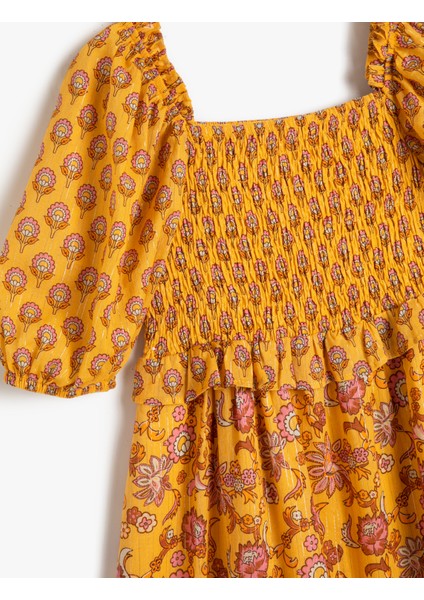 Elbise Çiçekli Balon Kollu Pamuklu Kare Yaka Astarlı modelleri