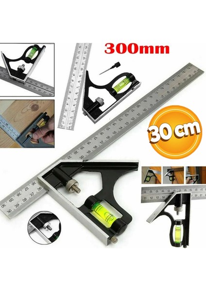 Kombine Metrik Gönye Alüminyum Su Terazili Açı Ölçer Gönye 45°-90° 30 cm