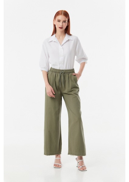 Gabardin Paçası Püsküllü Beli Lastikli Palazzo Pantolon