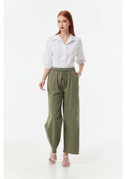 Gabardin Paçası Püsküllü Beli Lastikli Palazzo Pantolon