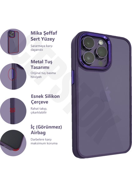 Apple iPhone 14 Pro Max Telefon Kılıfı Derin Mor Kenarları Silikon Metal Tuş Mika Sararmaz Şeffaf Kılıf