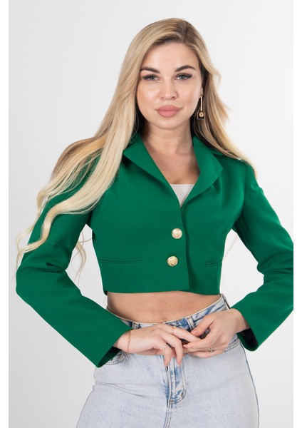 Zümrüt Metal Düğmeli Cep Görünümlü Crop Ceket 0105128.123